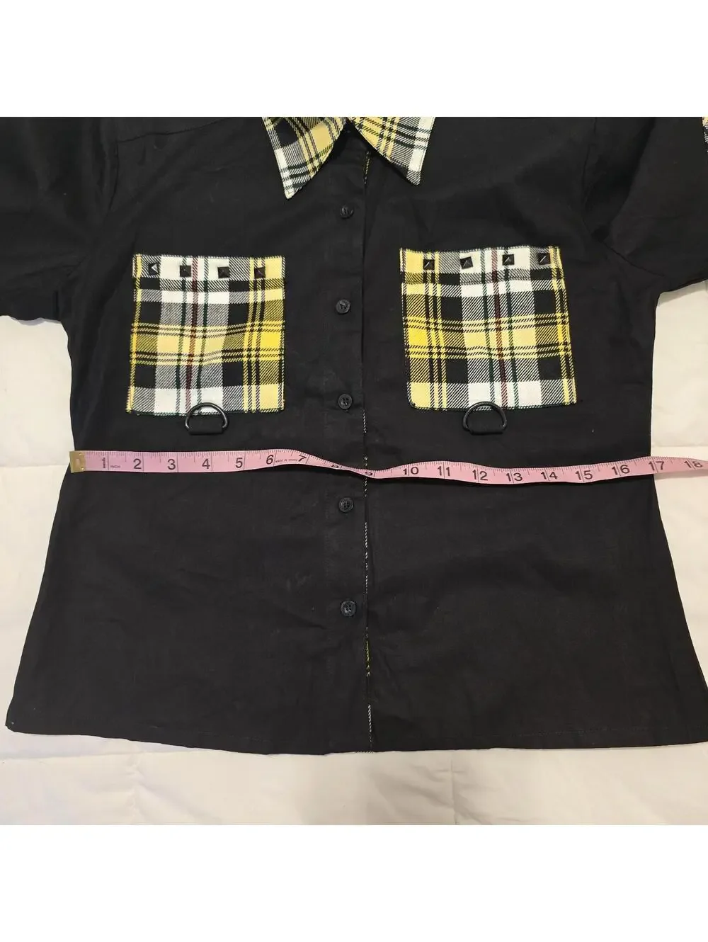 Dead Threads Women's Black Yellow Tartan Plaid Punk Blouse Sz M Collared Alt - Picture 12 of 12
